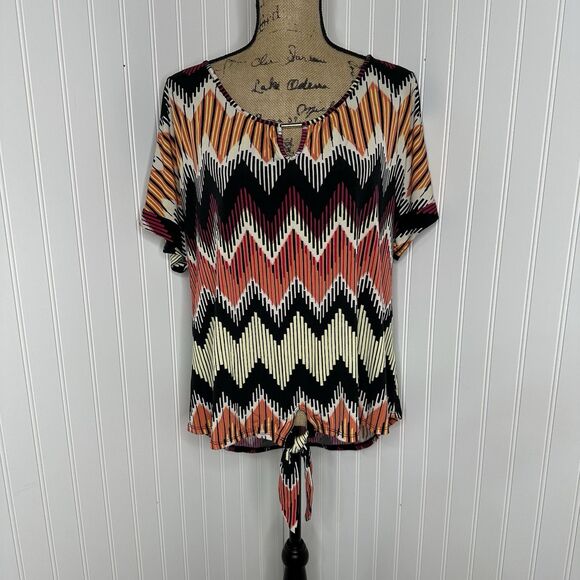 Cato Blouse Sz 14/16W Colorful Chevron Keyhole Tie Waist Artsy Office Casual - Picture 11 of 14